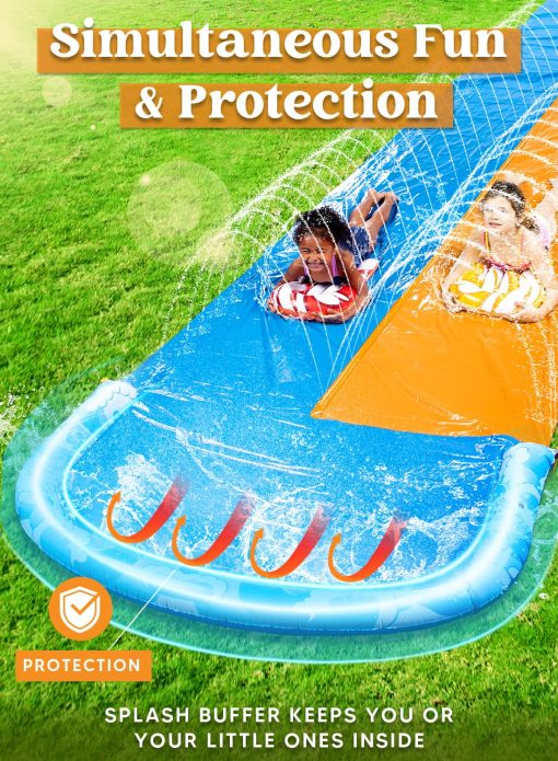 Deslizadero de agua extra largo de 32.5 pies y 2 tablas inflables, Resbaladilla de agua de cesped resistente de doble deslizamiento con rociador para ninos y adultos, Juguete acuatico de verano para exteriores divertido en el patio trasero - Imagen 3