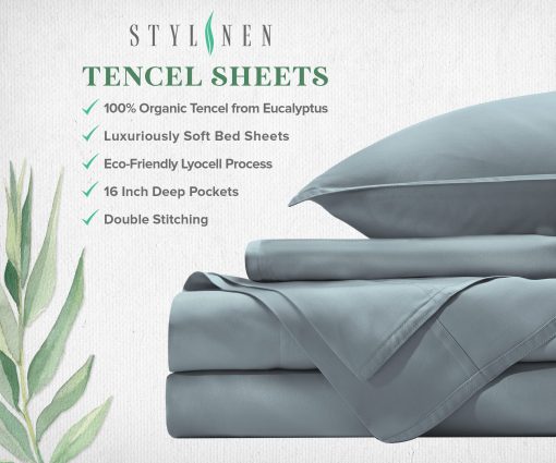 Juego de Sabanas de Cama Queen Size 100% Organicas de Eucalipto STYLINEN, Juego de 4 Piezas, Tencel Lyocell, Suaves y Sedosas, Transpirables, Bolsillos Profundos de 16 Pulgadas, 1 Ajustable, 1 Plana, 2 Fundas de Almohada (Queen, Azul Cielo) - Imagen 4