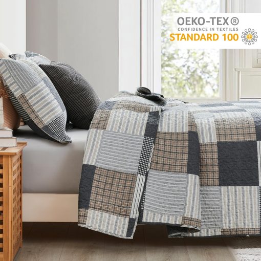 Juego de Edredon Queen Size de Cuadros de Finlonte - 100% Algodon, Colcha acolchada estilo country y farmhouse, Juego de Ropa de Cama Reversible Ligero, Gris Marron Negro Blanco, Colchon de Cama para Todas las Estaciones 3 Piezas - Imagen 3
