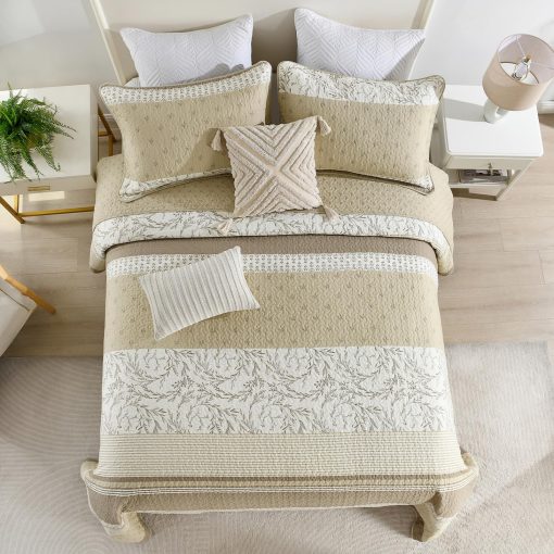 Colcha de Cama Queen de Algodon Oversized FineStichery 120"x102", Juego de Colcha a Rayas Marron Beige con Fundas de Almohada, Ligero y Reversible, Todas las Estaciones, 3 Piezas