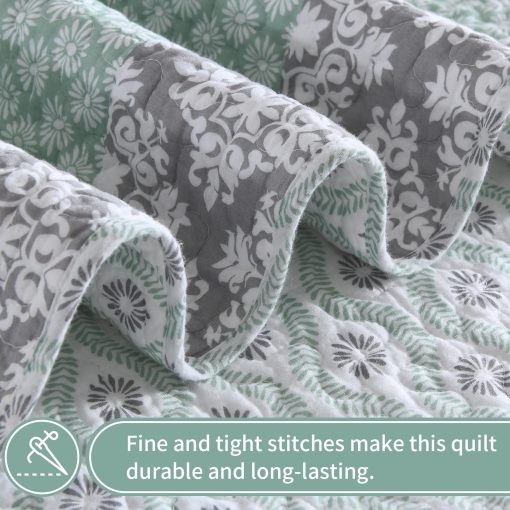 Edredones Queen Size KALOOLA Verde Salvia, 100% Algodon Colcha Bohemia Floral, Juego de Ropa de Cama Reversible Estilo Granja, Edredon Ligero para Todas las Estaciones, 3 Piezas - Imagen 4