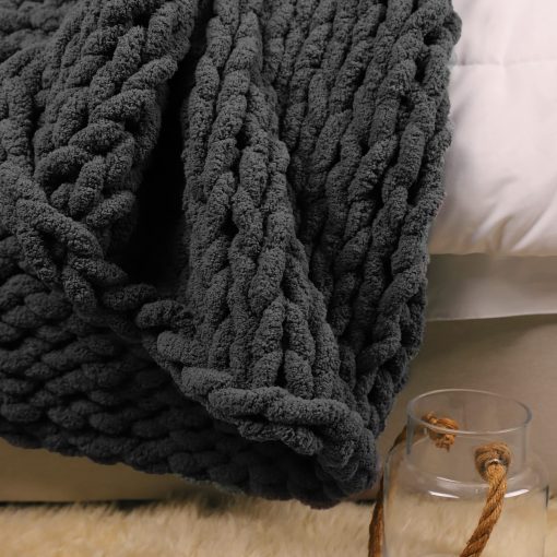 Manta de Punto Grueso Carriediosa 60" X 80" Twin, 100% Hecha a Mano con Gran Bucle de Chenille Suaves y Esponjosas para Sofa Cama, Manta Gruesa de Cable Tejida Acogedora, Gris Oscuro - Imagen 5