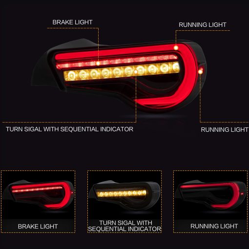 Luces traseras VLAND para Toyota 86 2012-2020, Subaru BRZ 2013-2020, Scion FRS 2013-2016, Lamparas traseras con DRL, Luz trasera tenue con senal de giro secuencial, humo - Imagen 2
