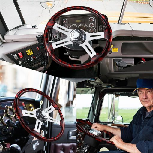 Volante de camion de madera maciza impresa en hidrografica de 18" con 4 radios de aluminio cromado para Semi-Remolques, Camiones Kenworth, Peterbilt, Volvo, Freightliner (rojo) - Imagen 5