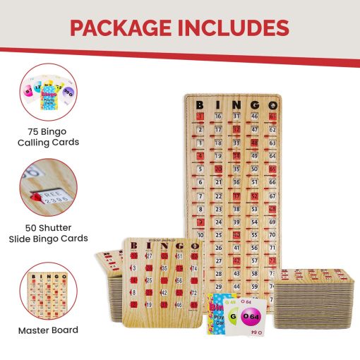Tarjetas de Bingo MR CHIPS a Prueba de Atascos con Ventanas Deslizantes, 50 Tarjetas de Bingo Reutilizables, 75 Tarjetas de Llamado de Bingo, 1 Tablero Maestro de Bingo en Estilo Madera de Grano de Madera de Granate - Imagen 4