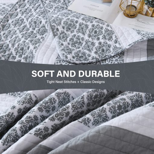 Juego de Edredon King Size SahSahCasa, Set de Edredon King, Edredon de Cama King Size de Algodon 100%, Colcha Reversible Ligera de Retazos Florales para Cama King, Gris Azulado, para Todas las Estaciones, 3 Piezas - Imagen 5
