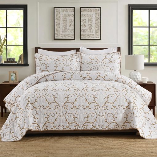Juego de colchas Finestichery tamano queen - Colcha de algodon al 100% para cama queen, colchas de vina bordadas, juego de ropa de cama acolchado de estilo campestre con fundas de almohada, edredon ligero para todas las temporadas, beige/blanco