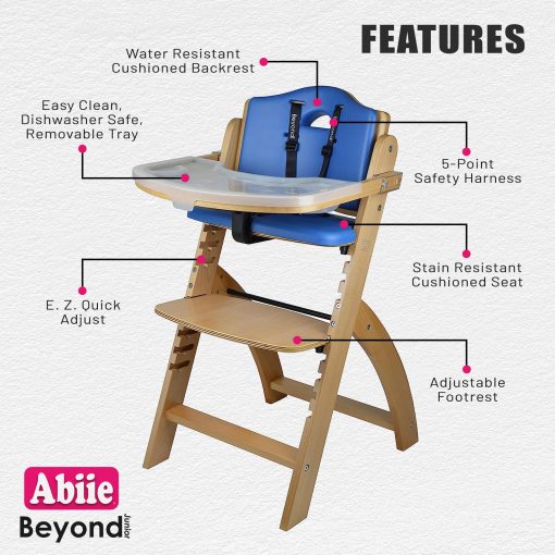Silla Alta de Madera Convertible Abiie Beyond Junior para Bebes y Ninos Pequenos. Silla Alta Ajustable 3 en 1 con Bandeja Extraible, Facil de Limpiar, Portatil. De 6 Meses a 250 Lb. Madera Natural/Cojin Azul - Imagen 2
