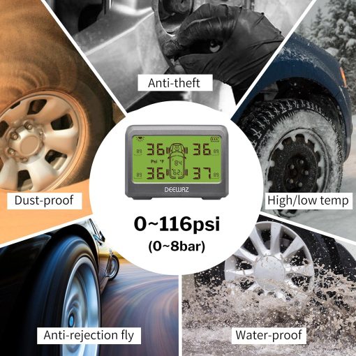 Sistema de monitoreo de presion de neumaticos TPMS, 0-116 Psi, con 6 modos de alarma, intercambio de posicion de neumaticos, valor de presion frontal / trasera ajustable por el usuario, temperatura y humedad, carga solar y magnetica para automoviles de 4 ruedas - Imagen 6