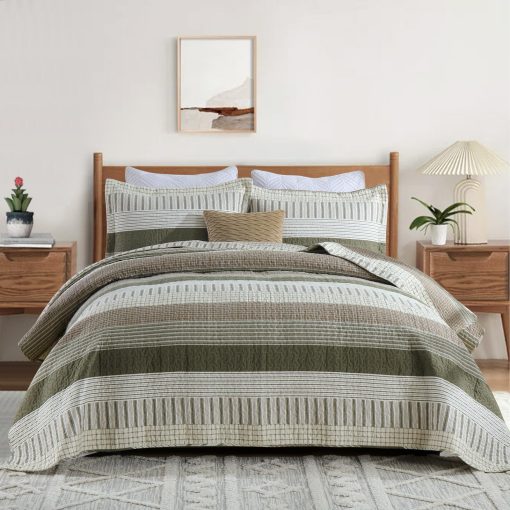 Juego de edredon de algodon Uniclinens tamano King, Juego de edredon de cama King, Colcha a rayas de estilo campestre, Edredon reversible ligero, Juego de 3 piezas con 2 fundas de almohada, Blanco/Marron/Gris/Verde - Imagen 2