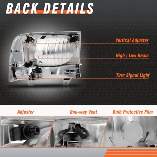 Conjunto de Faros Delanteros Compatible con Ford F250 F350 F450 F550 Super Duty/2000-2004 Ford Excursion con Juego de Esquina Cromado de ambar de Repuesto - Imagen 3
