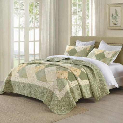 Colcha de cama extragrande KALOOLA 120x120, 100% algodon, colchas king size con estampado floral, ligera colcha reversible con fundas de almohada, 3 piezas, verde - Imagen 2