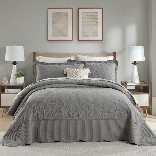 SahSahCasa 100% Algodon 120"x102" Colcha de Cama Queen Extra Grande, Edredon, Colcha Cubrecama Queen XL, Conforter Ligero, 3 Piezas, Gris