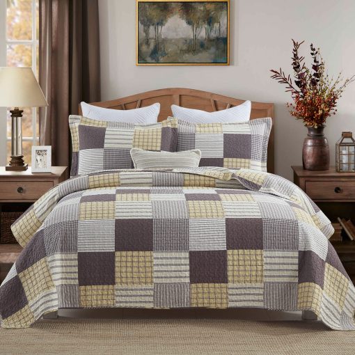 Juego de Edredon Queen Size Y-PLWOMEN, Edredon Queen 100% Algodon, Juego de Edredon Plaid Amarillo Marron Blanco Queen, Colcha Reversible Ligera Queen para Todas las Temporadas, 3 Piezas