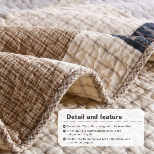 Colchas Queen Size de Granja Y-PLWOMEN - 100% Algodon Colcha de Cuadros Queen con 2 Fundas de Almohada, Colchas de Cama Acolchadas Transpirables, Juego de Ropa de Cama, Marron Beige, Queen (90 * 98 Pulgadas) - Imagen 6