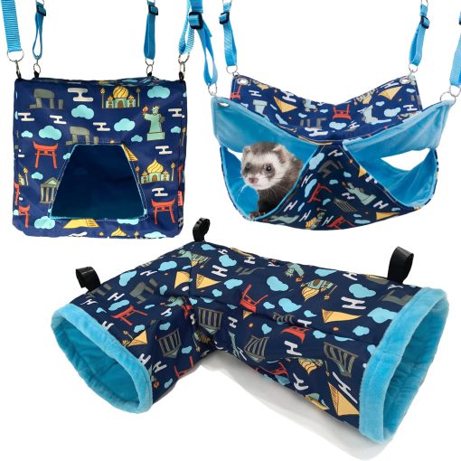 Set de Hamaca para Hurones para jaula Accesorios de jaula 3 estilos, Doble Hamaca o Casa Cuadrada y Cama de Tunel para Cobaya (Azul)