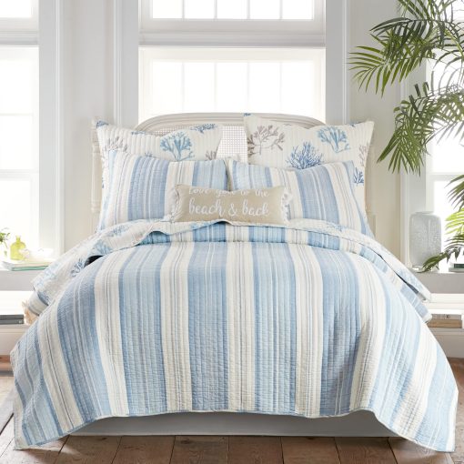 Juego de Edredon Levtex Home Ipanema - Edredon para Cama Matrimonial/Queen + Dos Fundas de Almohada Estandar - Costero - Azul, Taupe y Crema - Tamano del Edredon (88x92 pulg.) y Tamano de la Funda de Almohada (26x20 pulg.) - Reversible - Tela de Algodon - Imagen 4