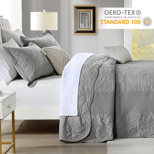Colcha de Cama King Extra Grande 120"x120" - 100% Algodon Colcha Acolchada King/Cal King con Bordado de Vides, Juego de Colcha Gris Solido, Suave y Ligera Colcha Extra Grande con 2 Fundas de Almohada - Imagen 3