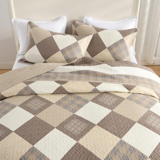 SahSahCasa Colcha Cubrecama Acolchada Reversible Extra Grande para Cama California King, 100% Algodon, Juego de 3 Piezas, Marron/Beige/Caqui - Imagen 7