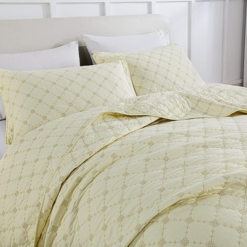 Juego de Colcha King Size Finlonte - Juego de Edredon King de Algodon 100%, Colcha King Size, Edredon Suave Ligero Acolchado, Juego de Ropa de Cama King con Bordado de Diamante en Solido Crema, 98x106 - Imagen 7
