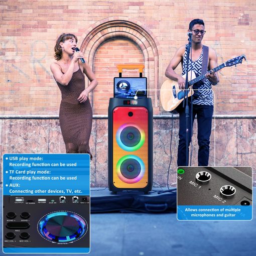 Maquina de Karaoke HWWR con 2 Microfonos Inalambricos, Altavoz Karaoke Bluetooth Portatil para Exteriores, Sistema de PA de Fiesta Grande con Luces de Discoteca para Reuniones, Los Mejores Regalos para la Familia - Imagen 5