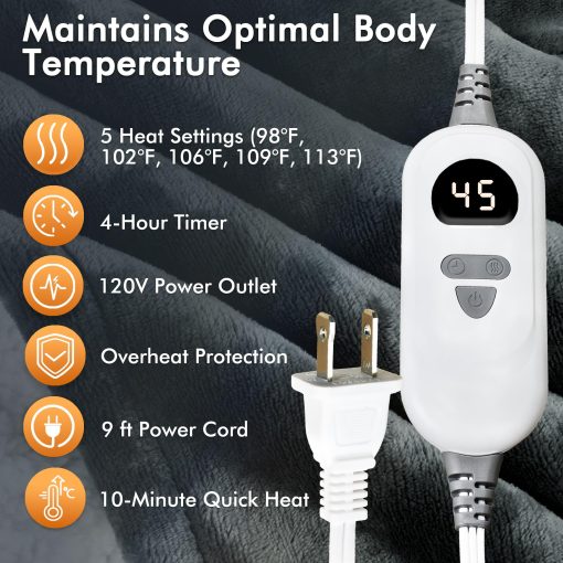 Manta Termica Tirrinia, Manta Electrica para Usar, Manta Calefactora Sherpa, Manta Electrica para 5 Niveles de Calor, Regalos para Mama, Abuela, Hombres, Gris - Imagen 6