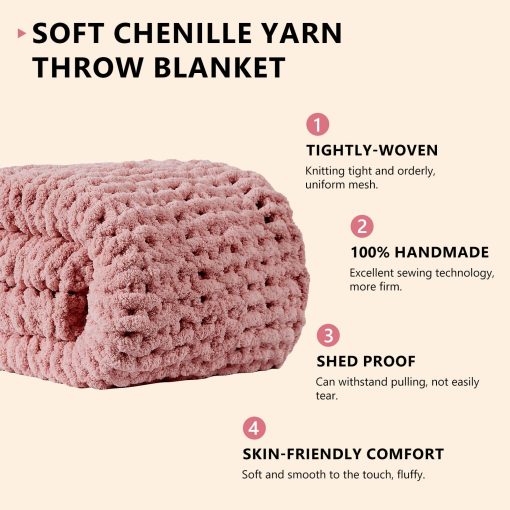 Manta de Punto Grueso L'AGRATY: 80''x90'' Manta de Punto Grueso de Chenilla para Cama Sofa - Manta de Punto Grueso Hecha a Mano - Manta de Ganchillo Gruesa para Decoracion del Hogar (Rosa) - Imagen 2
