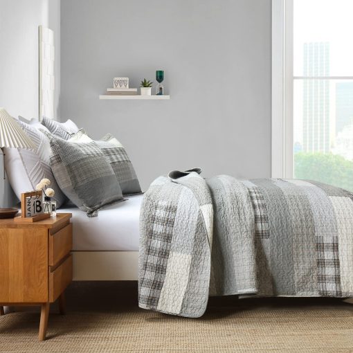 Colcha de Tamaño King Finlonte, Juego de Colcha de Cama King de Algodon, Gris(Azul) Colcha de Cama King Patchwork a Cuadros, Colchas Reversibles Suaves de Tamaño King, 3 Piezas - Imagen 3