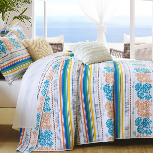 Juego de Colcha Queen Finlonte, Colcha de Algodon Queen Ligera, Diseno de Coral Costero Colchas Tamano Queen, Suave Juego de Cama de Colcha Queen Transpirable y Amigable con la Piel para Todas las Estaciones, 3 Piezas - Imagen 3