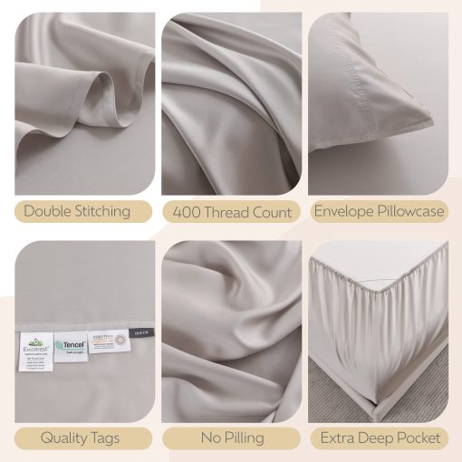 Juego de Sabanas Dividido Split-King de Eucalipto Lyocell, Hipoalergenicas 100% Organicas de Tencel, Regulacion Termica y Absorcion de Humedad para Personas Calurosas, Calidad de Hilo Superior, Bolsillos Extra Profundos - Gris - Imagen 5