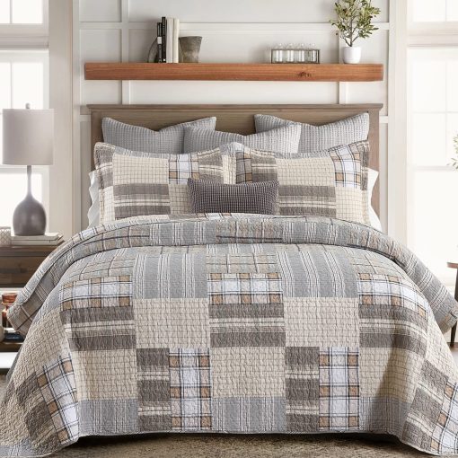 SahSahCasa Colcha Queen Size, Juego de Colcha Queen, Set de Ropa de Cama de Colcha Queen 100% Algodon, Edredones Ligeros de Cuadros Reversibles Estilo Granja para Cama Queen, Beige/Gris/Marron