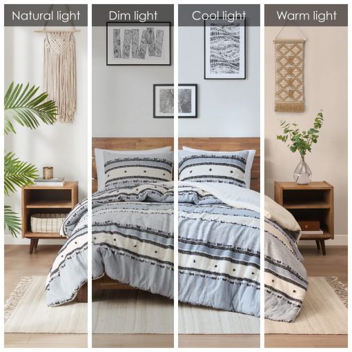 Juego de edredon Hyde Lane Boho Blue King - Conjunto de ropa de cama moderna de granja, tapizado con algodon y rayas jacquard en tonos neutros de estilo rustico recortado, 3 piezas que incluyen fundas de almohada a juego (104x90 pulgadas) - Imagen 2