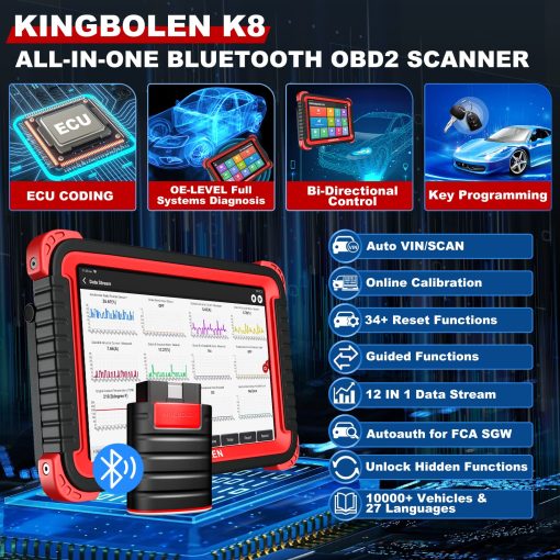 Escaner OBD2 KINGBOLEN K8, 2024 Herramienta de Escaneo Bidireccional 34+Reset, Codificacion ECU, Programa de Llaves, Funcion Guiada, Escaner de Diagnostico de Automoviles con Todos los Sistemas con 2 Años de Actualizaciones Gratuitas, Prueba Activa, AUTOAUTH de FCA - Imagen 2