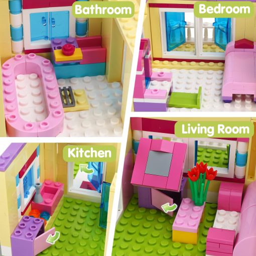 Juego de construccion de la casa de amigas BRICK STORY, 892 PCS Gran casa de villa de bloques de construccion, juego de juguete de modelo de la casa familiar de la ciudad con 4 mini personas y coche para niñas niños de 6 años en adelante - Imagen 5
