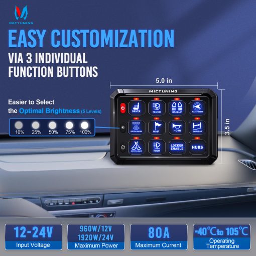 Panel de interruptores MICTUNING 12 Gang P1S-B12 Azul 80A 960/1920W Interruptor tactil ON-OFF momentaneo de control de circuito caja de reles para camper RV ATV SUV UTV Truck Car Marine, Garantia de 2 años - Imagen 2