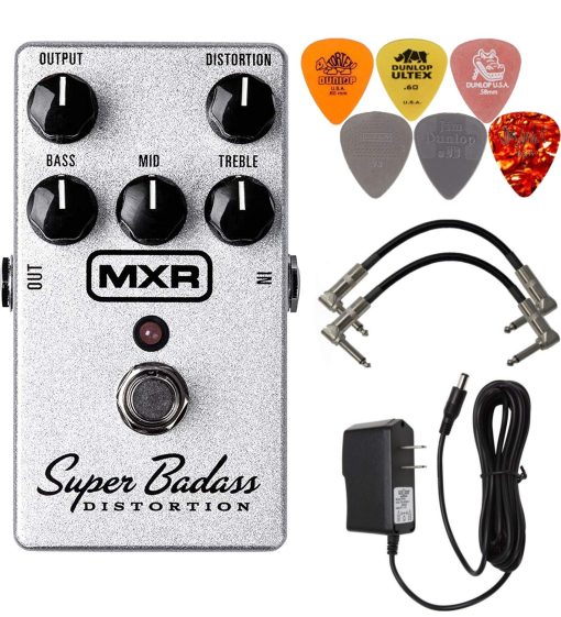 Pedal de Efectos de Guitarra MXR M75 Super Badass Distortion con Fuente de Alimentacion, 2 Cables de Conexion y 6 Puas Dunlop