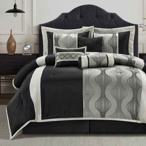 Juego de Edredon California King LANCO MODERN LIFESTYLE, Negro Plata, 7 Piezas en un Bolso, Jacquard con Piezas Solidas, Set de Cama de Lujo con Edredones, Falda de Cama, Fundas de Almohada y Cojines Decorativos