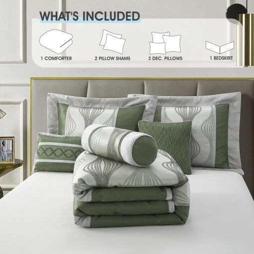 Juego de Edredon para California King LANCO MODERN LIFESTYLE, Verde, 7 Piezas en una Bolsa, Suave Jacquard con Pieza Solida, Juego de Cama de Lujo con Edredones, Faldon de Cama, Fundas de Almohada y Cojines Decorativos - Imagen 4