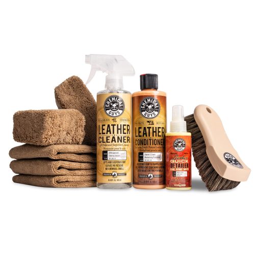 Kit de limpieza y acondicionamiento de cuero Chemical Guys HOL303, para interiores, ropa, muebles, botas y mas (Funciona en cuero natural, sintetico, pleather, cuero falso y mas), 9 articulos