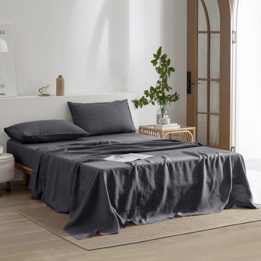 Juego de sabanas de lino EVERLY para cama tamano Full, 100% lino puro frances lavado a la piedra, 4 piezas (1 sabana plana, 1 sabana ajustable, 2 fundas de almohada) Adecuado para personas calurosas, juego de ropa de cama natural - Gris Oscuro - Imagen 2