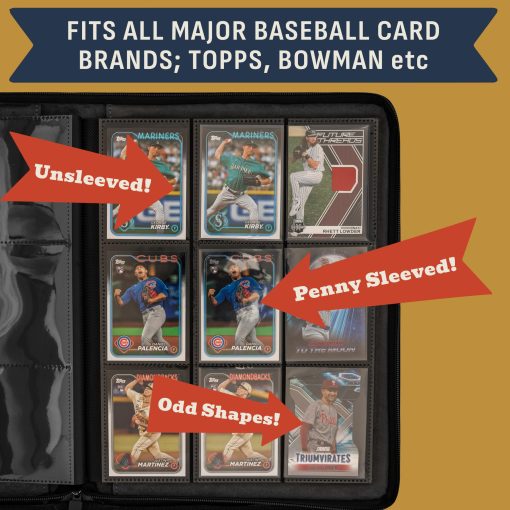 Carpeta de tarjetas de beisbol: impresionante carpeta de cuero PU en relieve 3D y coloreada a mano - album de 9 bolsillos con cremallera - Libro de mangas de carga lateral de 360 para tarjetas de beisbol de intercambio - Funciona con Topps, Bowman, Panini.. - Imagen 6