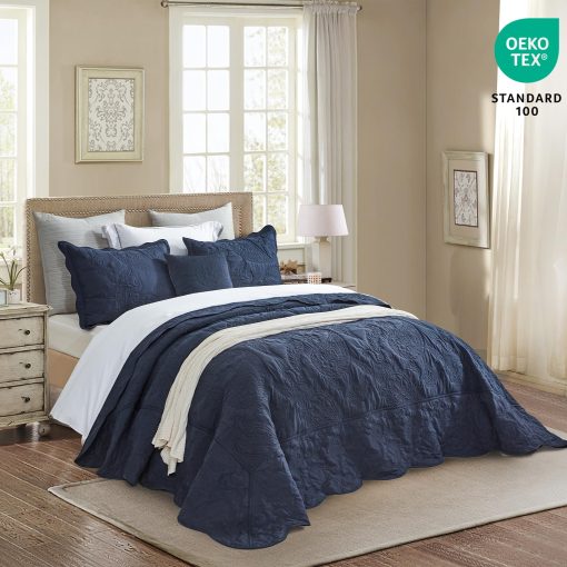 Colcha de cama extra grande HZ & HY 128x120, Edredon acolchado, Juego de ropa de cama, Ligero, Reversible, de Lujo, 5 Piezas, 100% Microfibra, King/Cal King, Azul Marino - Imagen 2