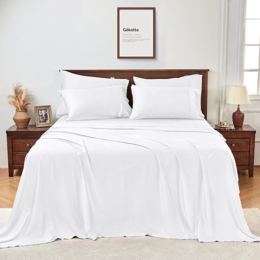 Juego de sabanas de lujo tamaño Queen GOKOTTA, 6 piezas, 100% rayon derivado del bambu, mas suave y fresco que el algodon, sabanas ajustables de 24" con bolsillo extra profundo y correas elasticas en las esquinas, Blanco Brillante