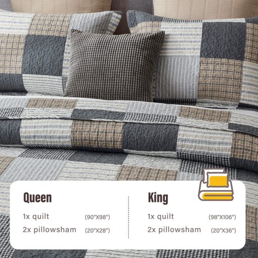 Colcha Escocesa King Size - 100% Algodon Colcha de Granja King con 2 Fundas de Almohada, Colcha Transpirable Ligera Juegos de Edredones Rellenos de Cama, Gris Marron, King(98 * 106 Pulgadas) - Imagen 4