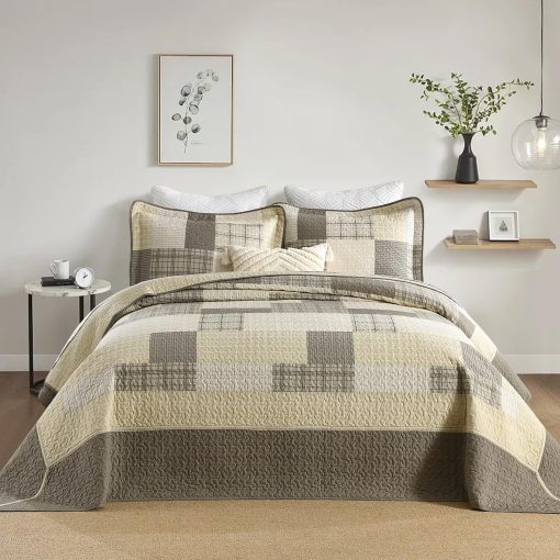 Colcha King DDUOXIN 120" W x 120 L - Edredon King Oversized 100% Algodon con 2 Fundas de Almohada, Colchas Reversibles Cubrecamas Juegos de Cama Livianos, Juego de Cama Beige/Marron, 3 Piezas