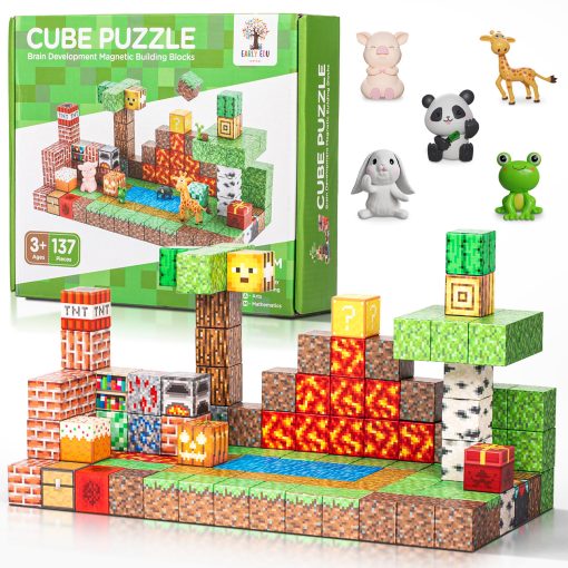 Early Edu Central 137PCS Juego de Bloques de Construccion Magneticos - Juguete Magnetico STEM Set Sensorial con Figuras de Animales y Folleto - Cubo Magnetico de 1" para Niños y Niñas, Juego de Bloques Magneticos Basado en Juegos para Niños de 3-9