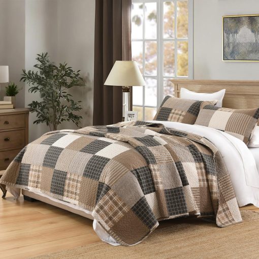 Edredon a cuadros tamano King de SOElinens - Edredon de cabana de patchwork rustico en tonos gris, marron y beige 100% algodon, Set de edredones ligeros para cama Queen, Juego de ropa de cama para todas las estaciones - Imagen 2