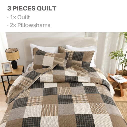 Juego de edredon 100% algodon PANGUSHAN tamano Queen, Edredon Queen, Juego de ropa de cama rustico de cuadros de granja ligero Edredon acolchado Colcha, Edredon carbon / beige / marron para cama Queen, 3 piezas - Imagen 4