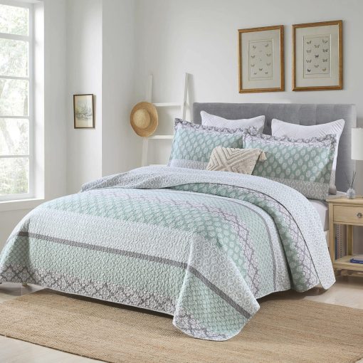 Edredones Queen Size KALOOLA Verde Salvia, 100% Algodon Colcha Bohemia Floral, Juego de Ropa de Cama Reversible Estilo Granja, Edredon Ligero para Todas las Estaciones, 3 Piezas - Imagen 2
