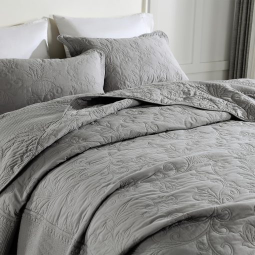 Colcha de Cama King Extra Grande 120"x120" - 100% Algodon Colcha Acolchada King/Cal King con Bordado de Vides, Juego de Colcha Gris Solido, Suave y Ligera Colcha Extra Grande con 2 Fundas de Almohada - Imagen 7